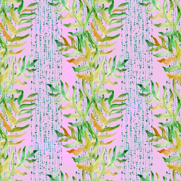 ヤシの葉やしぼりのある夏の熱帯のシームレスなパターンを描いた水彩手は 基本的なストライプ ビーチファッション 壁紙のための緑のテクスチャ パラダイス フォレストハワイ人 — ストック写真