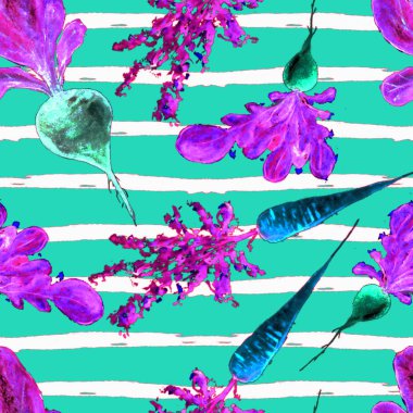 Suluboya Vegan deseni. Kusursuz El Çekimi Sebzeler. Sağlıklı yemek baskısı. Bahçıvanlık geçmişi. Yeşillik Menü, Restoran, Salat Bar, Çiftçi Pazarı için Tekrarlanabilir Tasarım. Havuç, havuç, pancar..