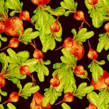 Suluboya Vegan desen. Sorunsuz elle çizilmiş sebze. Sağlıklı gıda yazdır. Bahçe arka plan. Yeşil menü, Restoran, Salat Bar, çiftçilere piyasa için tekrarlanabilir tasarım. Pancar. Vejetaryen