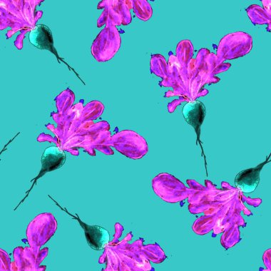 Suluboya Vegan desen. Sorunsuz elle çizilmiş sebze. Sağlıklı gıda yazdır. Bahçe arka plan. Yeşil menü, Restoran, Salat Bar, çiftçilere piyasa için tekrarlanabilir tasarım. Redish. Vejetaryen.