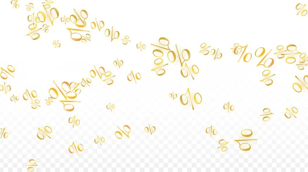 Luxus Vector Gold Percentage Sign Confetti auf Transparent. Prozent Verkaufshintergrund. Betriebswirtschaft, VWL Print. Discount Illustration. Werbeplakat. Banner zum Black Friday. Vorlage für Sonderangebote. — Stockvektor