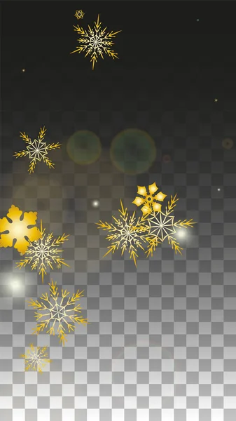 Fondo vectorial navideño con copos de nieve caídos en oro aislados sobre fondo transparente. Patrón realista de chispas de nieve. Impresión de capa de nieve. Cielo de invierno. Diseño para la invitación del partido. — Vector de stock