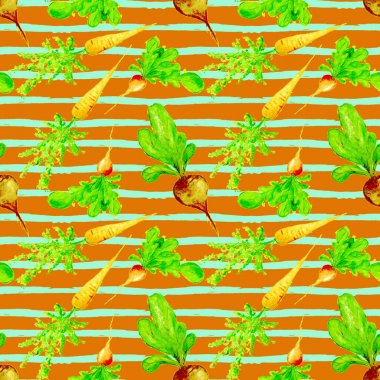 Suluboya Vegan desen. Sorunsuz elle çizilmiş sebze. Sağlıklı gıda yazdır. Bahçe arka plan. Yeşil menü, Restoran, Salat Bar, çiftçilere piyasa için tekrarlanabilir tasarım. Redish. Vejetaryen.