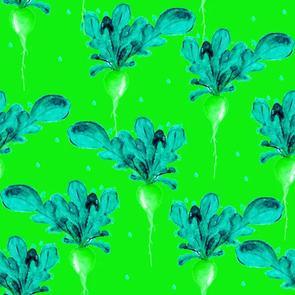 Watercolor Vegan Pattern. Seamless Hand Drawn  Vegetables. Healthy Food Print. Gardening Background. Greenery Repeatable Design for Menu, Restaurant, Salat Bar, Farmers Market. Redish. Vegetarian. — Stock Photo, Image