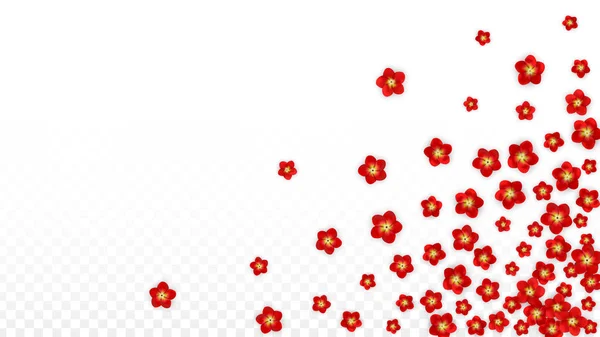 Saydam arka plan üzerine düşen vektör gerçekçi kırmızı çiçekler. Bahar romantik çiçek illüstrasyon. Asya Rose Spa tasarım uçan. Çiçeği konfeti. Düğün dekorasyon için tasarım öğeleri. — Stok Vektör