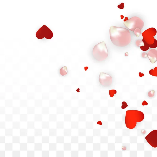 Vector realista pétalos y corazones Confetti. Flying Rose and Hearts on Transparent Background (en inglés). Fondo de amor romántico. Volador de Romance Primavera. Ilustración en rosa para el diseño de propuestas . — Archivo Imágenes Vectoriales