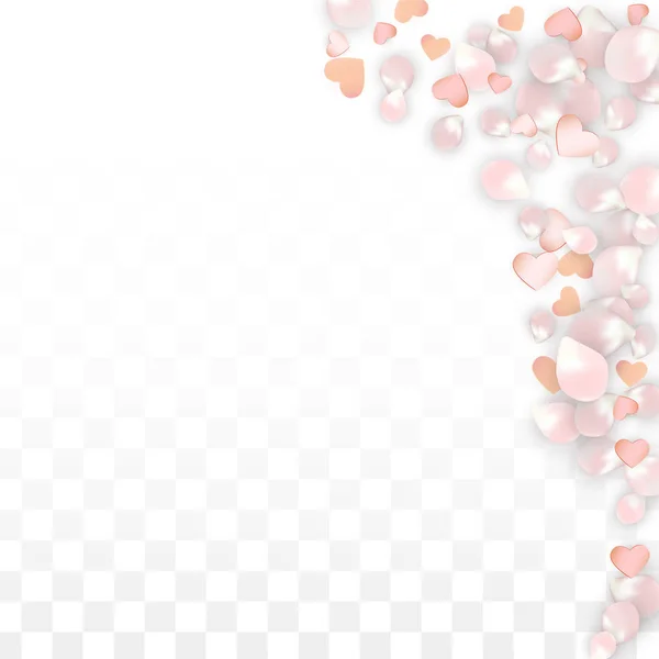 Vector realista pétalos y corazones Confetti. Flying Sakura and Hearts on Transparent Background (en inglés). Fondo de invitación de boda. Cartel del romance de primavera. Ilustración vectorial para el diseño del aniversario. — Vector de stock