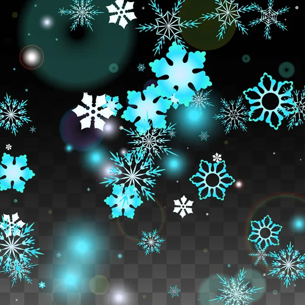 透明な背景に分離された青の立ち下がり雪とクリスマスのベクトルの背景。現実的な雪輝きパターン。降雪オーバーレイを印刷します。冬の空。パーティの招待状のデザイン. — ストックベクタ
