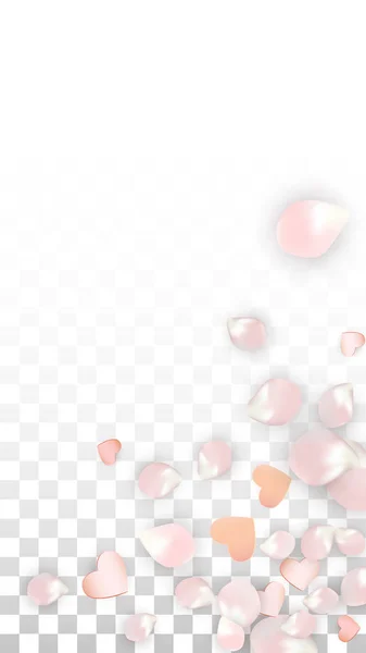 Vektor Realistische Blütenblätter und Herzen Konfetti. Fliegende Sakura und Herzen auf transparentem Hintergrund. Hochzeitseinladung Hintergrund. Frühlingsplakat. Vektorillustration für Anniversary Design. — Stockvektor