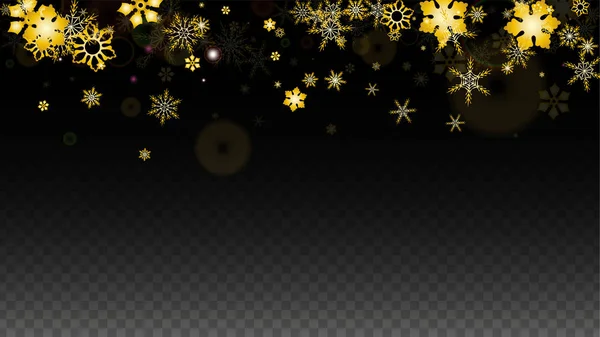 Weihnachten Vektor Hintergrund mit Gold fallenden Schneeflocken isoliert auf transparentem Hintergrund. Realistisches Snow Sparkle Pattern. Schneefall Overlay Print. Winterhimmel. Entwurf für Party-Einladung. — Stockvektor