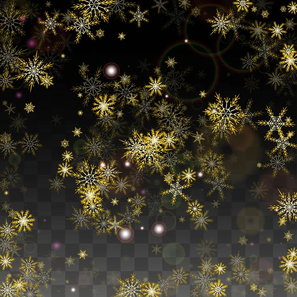 Weihnachten Vektor Hintergrund mit Gold fallenden Schneeflocken isoliert auf transparentem Hintergrund. Realistisches Snow Sparkle Pattern. Schneefall Overlay Print. Winterhimmel. Entwurf für Party-Einladung. — Stockvektor