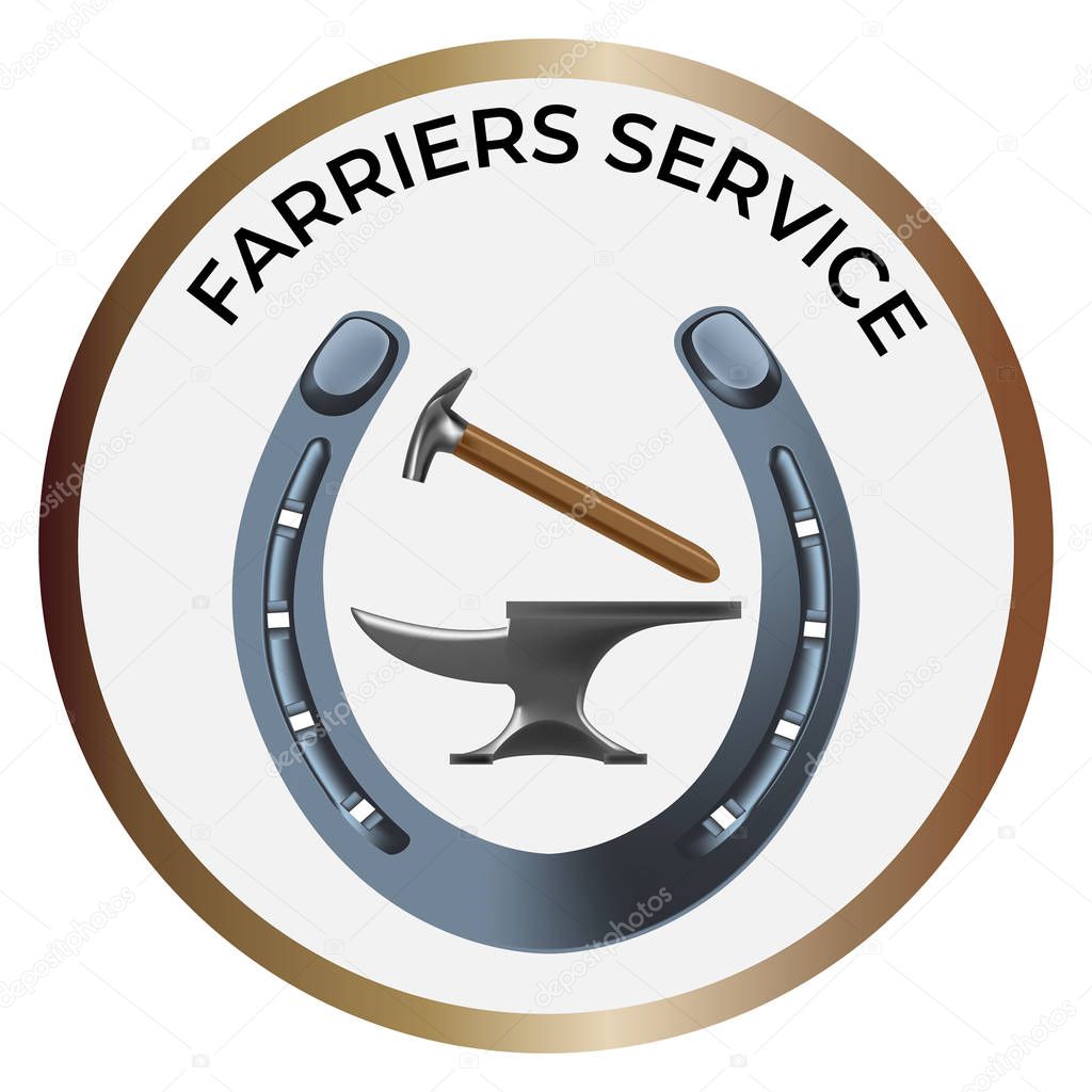 Farriers services logo in realistic style. Anvil, shoe and hammer for shoeing. Fine for farrier's services promo materials, banners, flyers amd leaflets.