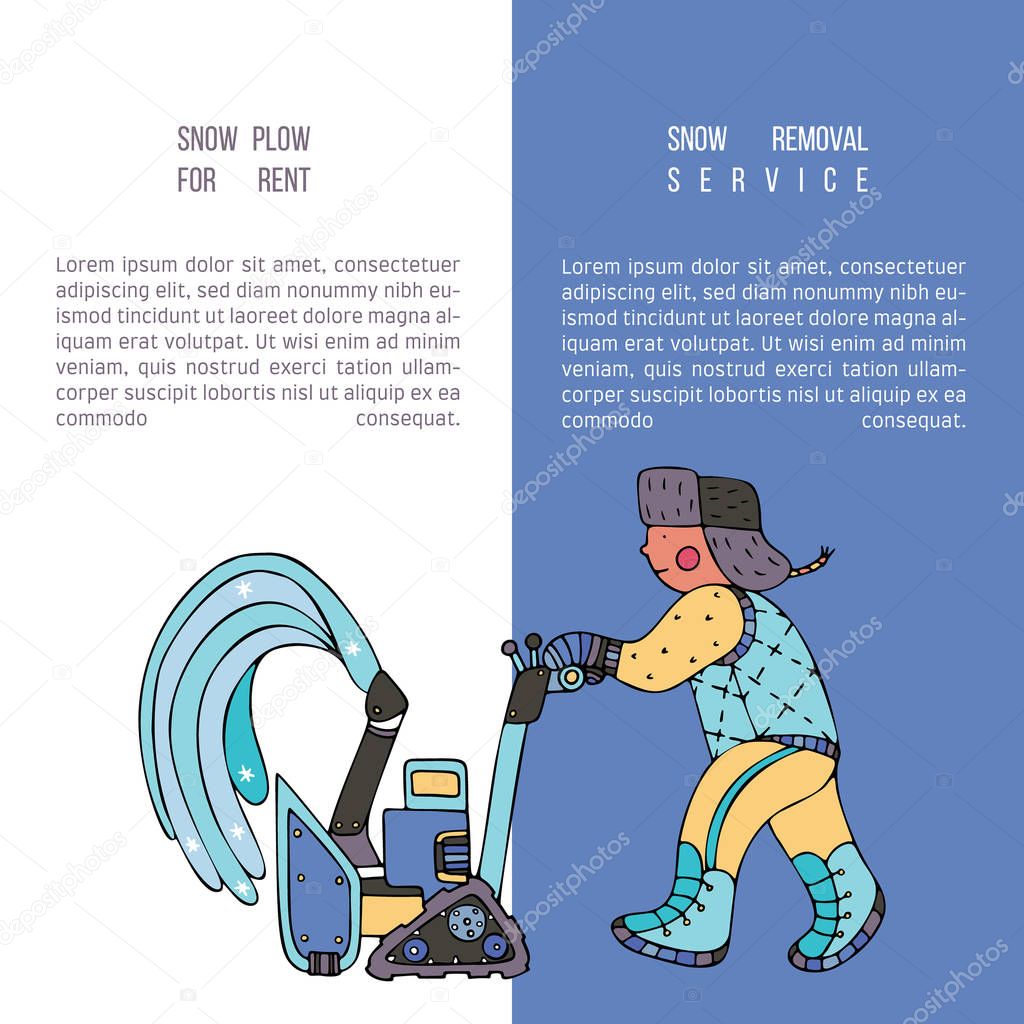 A Man Clearing The Snow With A Blower Brochure Snow Plow For Rent Fine For Ice And Snow Removal Services Promotion Articles Abot De Icing Equipment And Snow Clearing Work Premium Vector