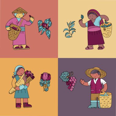 Kahve çekirdekleri toplayıcı, çay koleksiyoncusu, gül bahçıvan, asma bahçesinde sahibi ile renkli kartlar