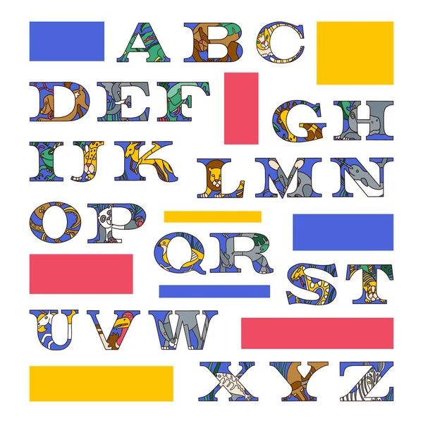 Serif písmena v abecedě s barevnými dávkami a domácími zvířaty — Stockový vektor