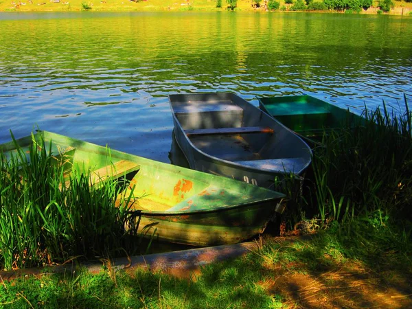 Lake view with boats and green forest — Stock Photo, Image