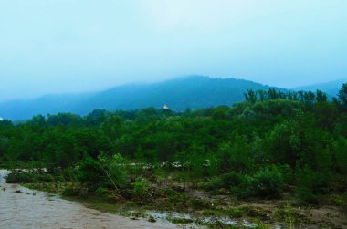 Yağmurdan sonra kirli nehir akıntısı. Toprak kayması konsepti. Çamurlu yağmurdan sonra kirli suyla akan nehir. Seçici odak.