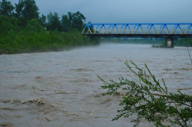 Yağmurdan sonra kirli nehir akıntısı. Toprak kayması konsepti. Çamurlu yağmurdan sonra kirli suyla akan nehir. Seçici odak.