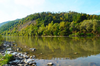 Uçurumlar arasındaki dağ nehri. Nehrin mavi berrak suyu.