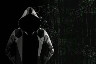 Masked Hacker is Using Computer for Organizing Massive Data Brea clipart