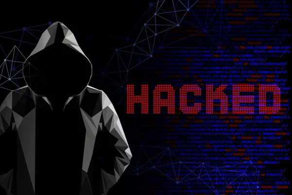 Computer concetto di hacking con il volto incappucciato uomo basso po — Foto Stock