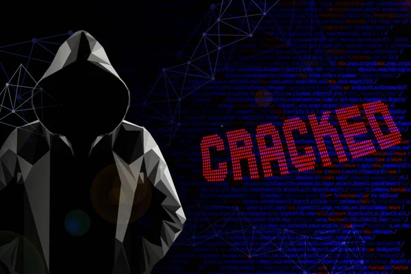 Computer cracked software concept with faceless hooded male person low poly, red and blue lit image and digital glitch effect