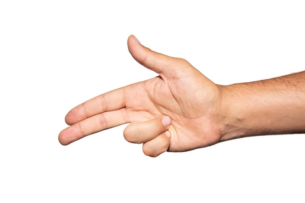 Χέρι με δάχτυλα που έχουν τεθεί σε κίνηση όπλο. Απομονωμένη σε μια άσπρη πλάτη — Φωτογραφία Αρχείου
