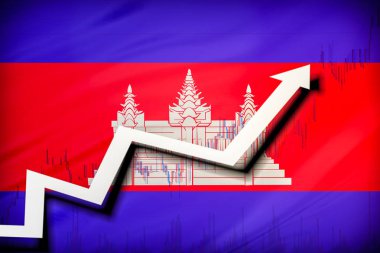 Beyaz ok ve hisse senetleri Kamboçya bayrağının arka planında büyüme grafiği
