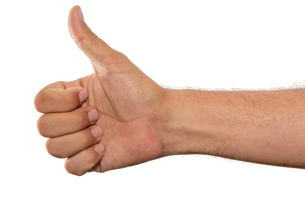 Ręka z palcami ustawić kciuk w górę gest. Izolowane na odludziu — Zdjęcie stockowe