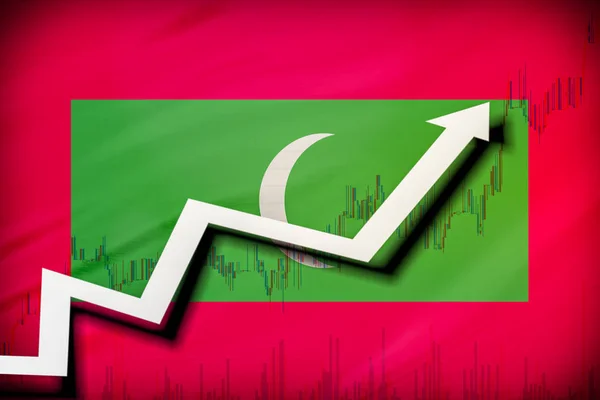 Белая стрелка и акции график роста на фоне флага Мальдив — стоковое фото
