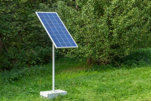 Güneş pili yeşil uzun boylu çimenlerde duruyor. Ekoloji ve alte