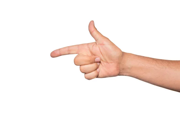 Lövési gesztust mutató személy. Az egyik ujja mutatott valamire. — Stock Fotó