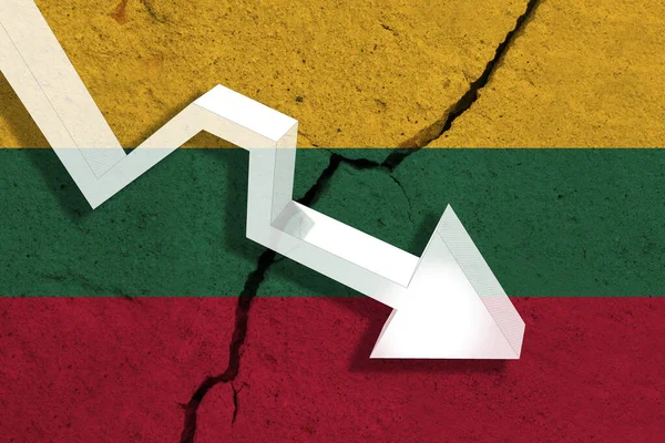 Литовський прапор на потрісканій стіні зі стрілою, що падає. Кон — стокове фото