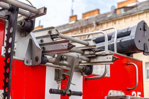 Bombeiros Caminhão Close Com Detalhes Sobre Caminhão Elementos Equipamentos — Fotografia de Stock