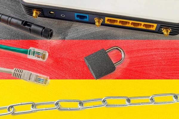 Niemcy Cenzura Internetowa Koncepcja Bezpieczeństwa Flaga Tle Przełącznika Połączenia Internetowego — Zdjęcie stockowe