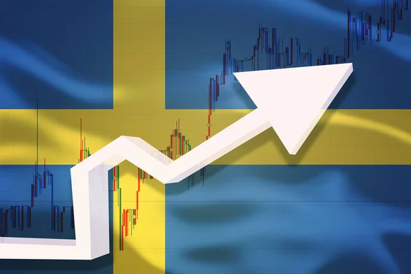 Sweden growth chart. White 3D arrow and stocks chart grows up on the background of waving flag of the country.