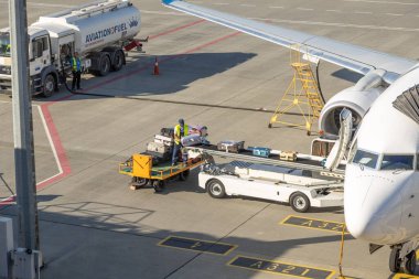 Lviv, Ukrayna - 09 Ağustos 2020: MAU Uluslararası uçağı Lviv LWO Danylo Halytski ulusal havaalanında bagajlarını boşalttı. 