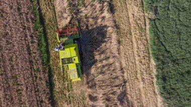 Yeşil renkli biçerdöver en üstte. Kopya alanı olan tarımsal bir alanda mahsul toplarken.