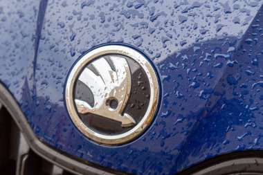 28, Nisan 2019 - Dresden, Almanya: Shkoda araba logosu üzerindeki su damlacıkları