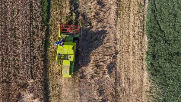 Groen Gekleurde Oogstmachine Bovenaanzicht Tijdens Het Oogsten Van Gewassen Een — Stockfoto