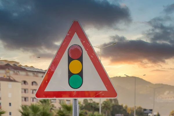 Candid Photo Traffic Light Ahead Sign Dramatic Sky — Stock Photo, Image