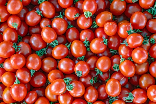Latar Belakang Pasar Tomat Ceri Segar Dengan Beberapa Tomat Tergeletak — Stok Foto