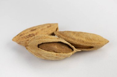 Kabuklu badem beyaz arkaplanda kesilmiş