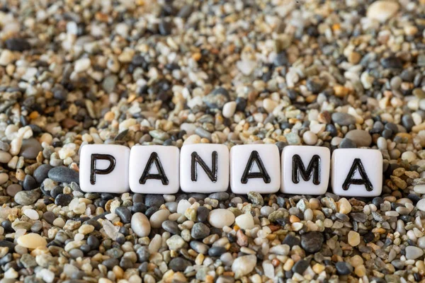 Panama Felirat Szövege Nyaralóhely Városának Nevével Parti Homokköveken Elhelyezett Betűk — Stock Fotó