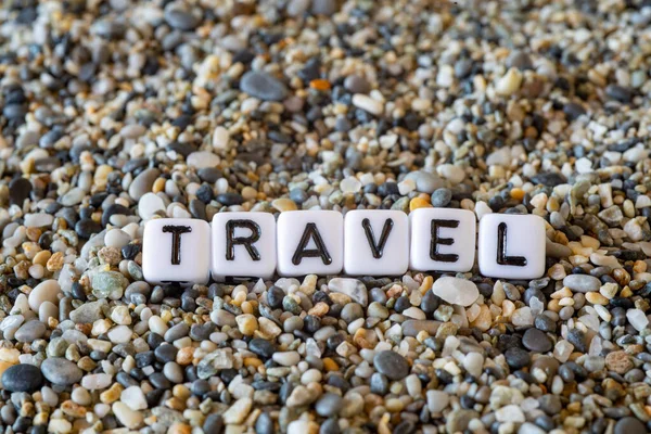 Reisebeschreibungstext Mit Dem Namen Des Urlaubsortes Einem Stillleben Der Buchstaben — Stockfoto