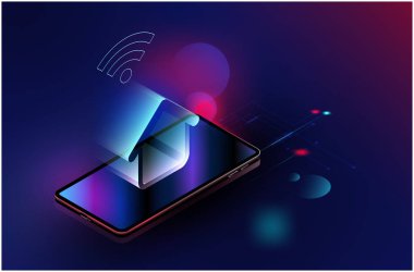 İnternet üzerinden Smartphone aletleri, vektör fütüristik akıllı ev teknolojisi koruma sistemi ile yer içerik, web şablonu, iş teknik okul sunuyu güvenlik için kontrol wifi denetler.