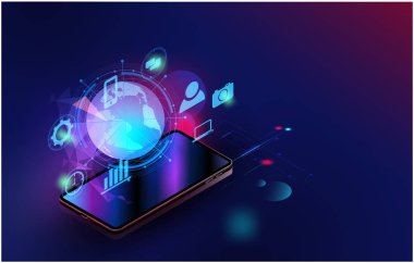 Akıllı telefon vektör fütüristik akıllı ev teknolojisi kontrol koruma sistemi ile içerik, web şablonu, iş teknik okul sunuyu aletleri internet üzerinden alan güvenliği wifi denetler..
