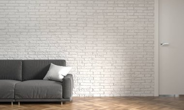 kanepe boş beyaz tuğla duvar salon salon modeli iç ev ofis toplantı salonu önünde sahip bilgisayarlar ve dizüstü bilgisayarlar. Online iş 3d render iş evde