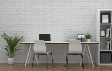 Beyaz sandalye, bilgisayarlar, dizüstü bilgisayarlar rafları önünde bir beyaz tuğla duvar co sace Model ev ofis toplantı salonu çalışma var. İş 3d render, işe alım.