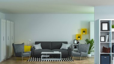 kanepe ve koltuk modeli ev ofis toplantı odaları co ortamlarda iç dekorasyon çalışan bilgisayarlar ve dizüstü bilgisayarları var. Online iş 3d render iş evde